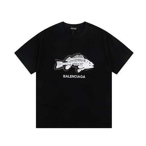 バレンシアガスーパーコピープリント半袖Tシャツ魚骨刺繍レタリングロゴ