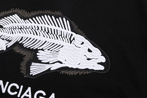 バレンシアガスーパーコピープリント半袖Tシャツ魚骨刺繍レタリングロゴ