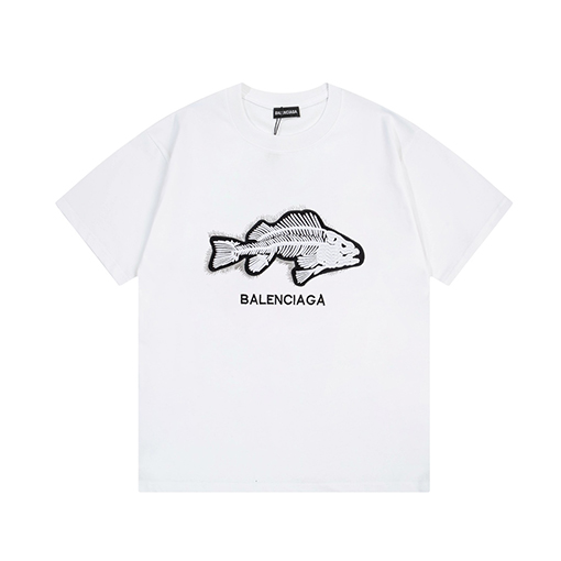 バレンシアガスーパーコピープリント半袖Tシャツ魚骨刺繍レタリングロゴ