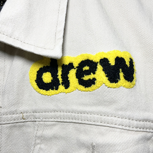 Drew Houseデニムジャケットスーパーコピーエイリアンバッジパズルイラストデニムジャケットコート