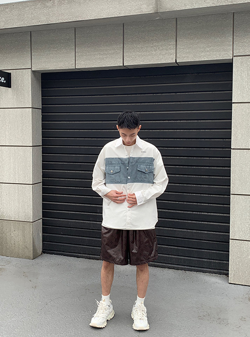 バレンシアガ デニムパッチワーク シャツ BALENCIAGA ロゴプリント