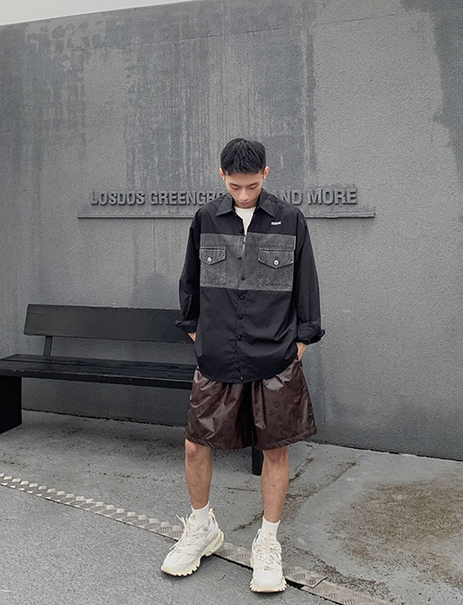 バレンシアガ デニムパッチワーク シャツ BALENCIAGA ロゴプリント