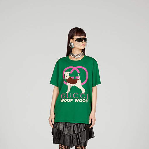 グッチ 半袖Tシャツ  23ss春夏 Woof Woof  プリント綿短袖Tシャツ
