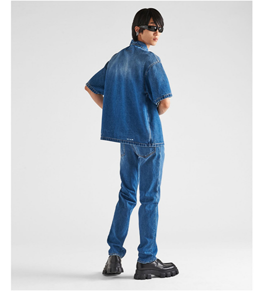 プラダ デニムシャツ スーパーコピー PRADA三角ロゴプレートショートスリーブデニムシャツ