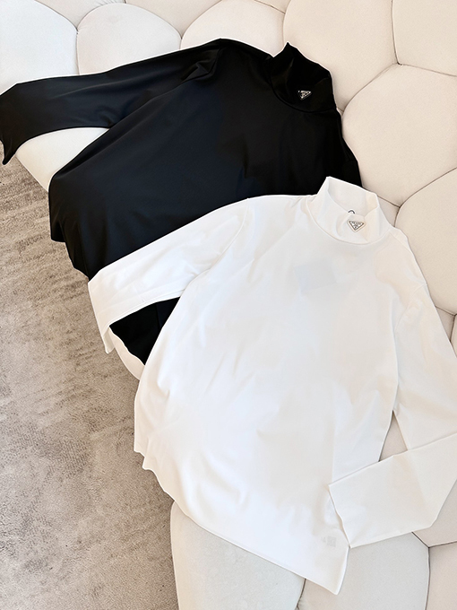 プラダ 長袖 Tシャツ スーパーコピー PRADA スタンドカラー&ロゴ入りストレッチ長袖
