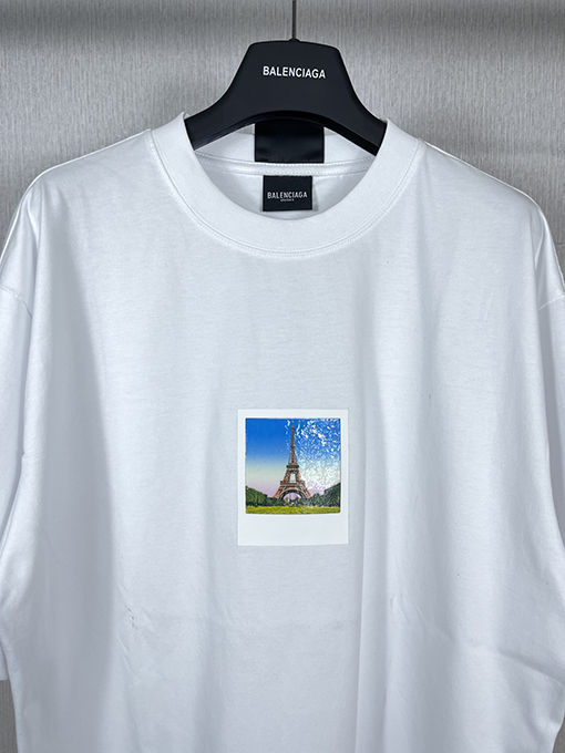 バレンシアガ 半袖Tシャツ スーパーコピー パリエッフェル塔のポラロイド写真プリント半袖Tシャツ