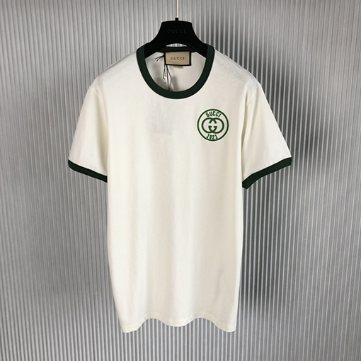 グッチ 半袖Tシャツ 刺繍入りのグリーンカラーラウンドネック半袖Tシャツ