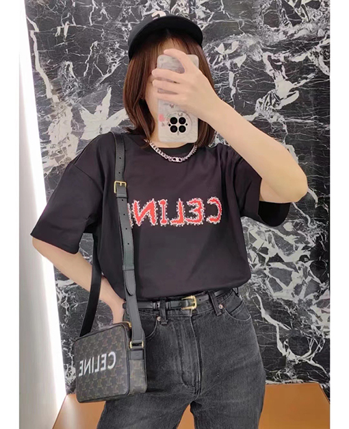セリーヌ 半袖Tシャツスーパーコピー CELINE レッドロゴプリント シンプル