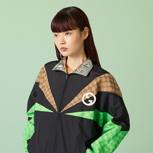 グッチ ジャケット スーパーコピー GUCCI スタンドカラー長袖ジャケットパッチワー組み合わせたクラシックなカーキ色と緑のロゴ柄