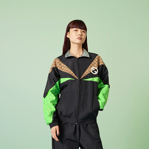 グッチ ジャケット スーパーコピー GUCCI スタンドカラー長袖ジャケットパッチワー組み合わせたクラシックなカーキ色と緑のロゴ柄