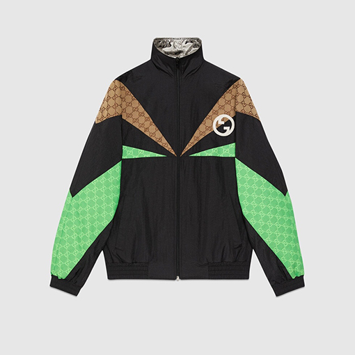 グッチ ジャケット スーパーコピー GUCCI スタンドカラー長袖ジャケットパッチワー組み合わせたクラシックなカーキ色と緑のロゴ柄