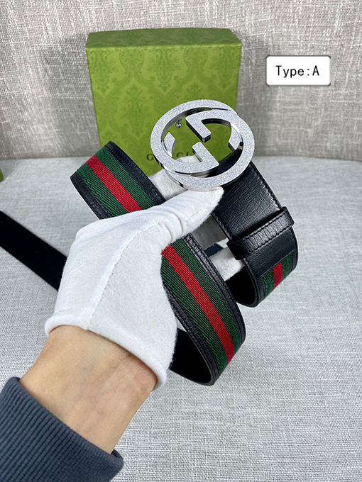 グッチベルト スーパーコピー GUCCI クラシックキャンバス織り、レザーボーダーとダブルGオリジナルスチールバックル付き 4.0cm幅