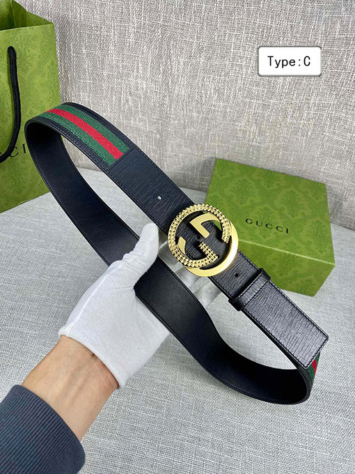 グッチベルト スーパーコピー GUCCI クラシックキャンバス織り、レザーボーダーとダブルGオリジナルスチールバックル付き 4.0cm幅