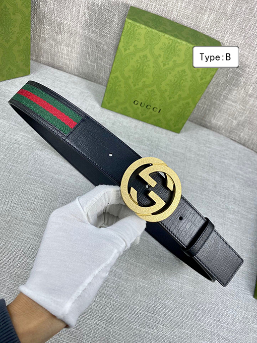 グッチベルト スーパーコピー GUCCI クラシックキャンバス織り、レザーボーダーとダブルGオリジナルスチールバックル付き 4.0cm幅