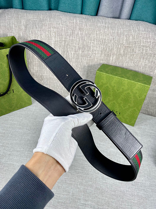 グッチベルト スーパーコピー GUCCI クラシックキャンバス織り、レザーボーダーとダブルGオリジナルスチールバックル付き 4.0cm幅