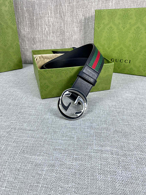 グッチベルト スーパーコピー GUCCI クラシックキャンバス織り、レザーボーダーとダブルGオリジナルスチールバックル付き 4.0cm幅