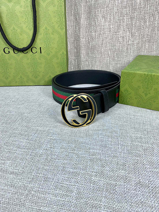 グッチベルト スーパーコピー GUCCI クラシックキャンバス織り、レザーボーダーとダブルGオリジナルスチールバックル付き 4.0cm幅