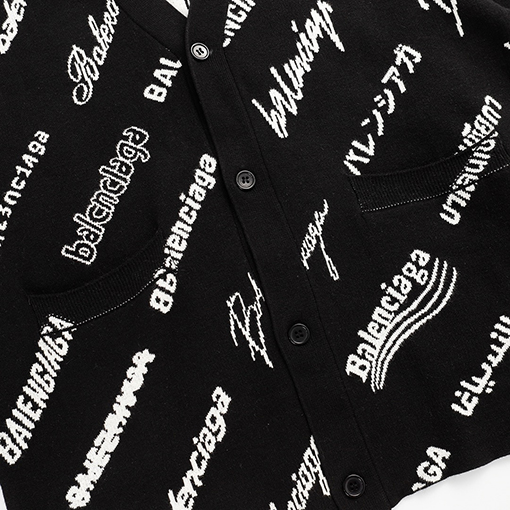 バレンシアガットカーディガン スーパーコピー BALENCIAGAロゴマニア オールオーバー ブラック&ホワイト ニットカーディガン