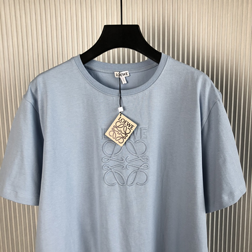 ロエベ 半袖Tシャツスーパーコピー 霧のような青の刺繍付き丸襟半袖Tシャツ
