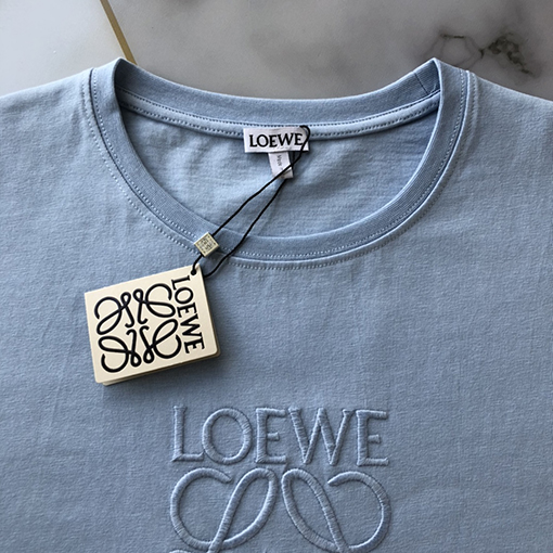 ロエベ 半袖Tシャツスーパーコピー 霧のような青の刺繍付き丸襟半袖Tシャツ