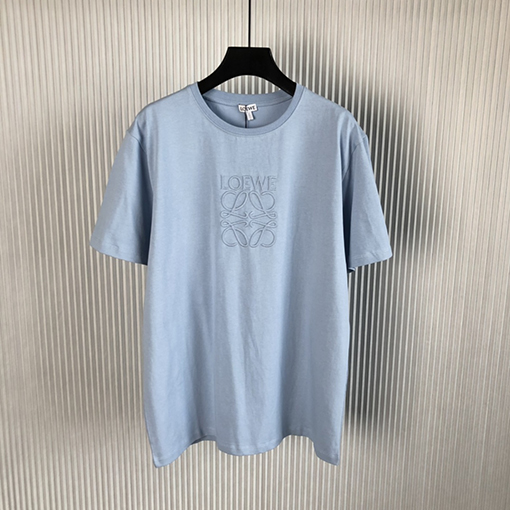 ロエベ 半袖Tシャツスーパーコピー 霧のような青の刺繍付き丸襟半袖Tシャツ