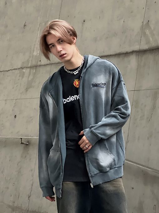 バレンシアガ アウター スーパーコピー ヘビーデューティー染色ウォッシュアウトデストロイドエフェクト、ジップアップ