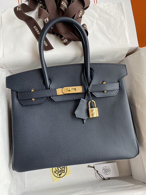 エルメス バーキン 30 スーパーコピー HERMES 全て手縫い ミッドナイトブルー 金のボタン バッグ
