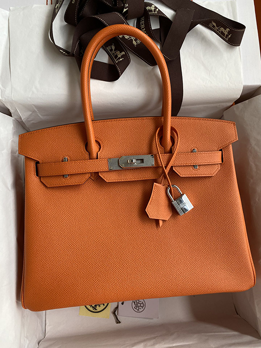 エルメス バーキン 30 コピー   手作りのBirkin 30 cmオレンジ色のEpsomレザーバッグ 輝くシルバーバックル