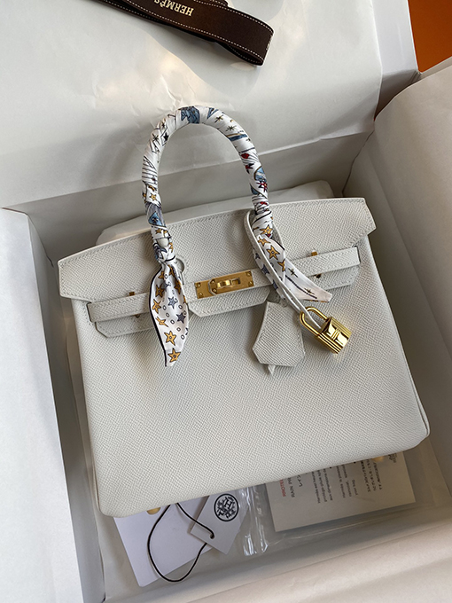 エルメス バーキン 25 コピー  純白のエプソムレザー Birkin 25cm  セイコー製 Epsom皮  ゴールドバックルが華やか トートバッグ