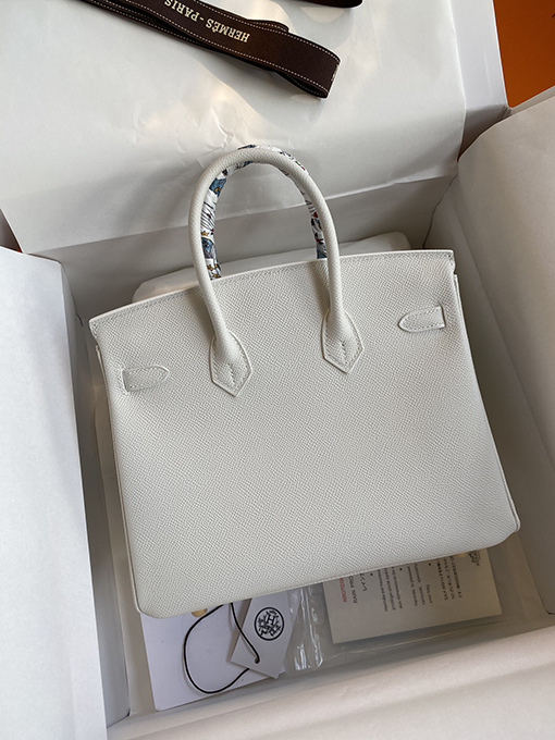 エルメス バーキン 25 コピー  純白のエプソムレザー Birkin 25cm  セイコー製 Epsom皮  ゴールドバックルが華やか トートバッグ
