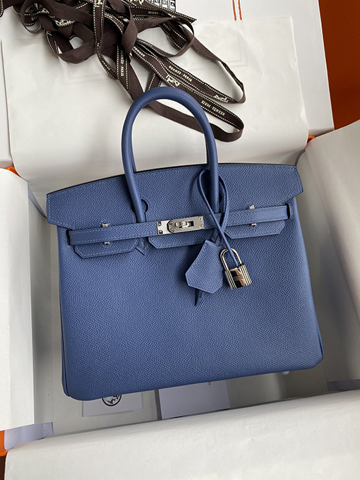 エルメス バーキン 25 スーパーコピー Birkin 25 cmメノウブルーエプソムレザー シルバーバックル全手作り バッグ