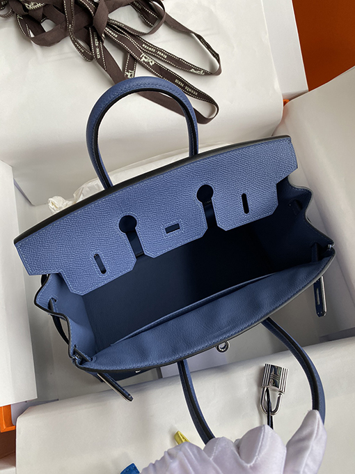 エルメス バーキン 25 スーパーコピー Birkin 25 cmメノウブルーエプソムレザー シルバーバックル全手作り バッグ