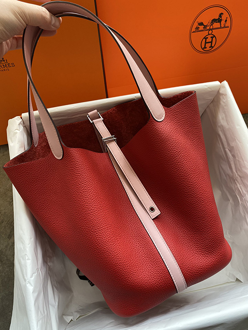 エルメス Picotin 22 cm中国赤と3 Qピンクのステッチトートバッグ