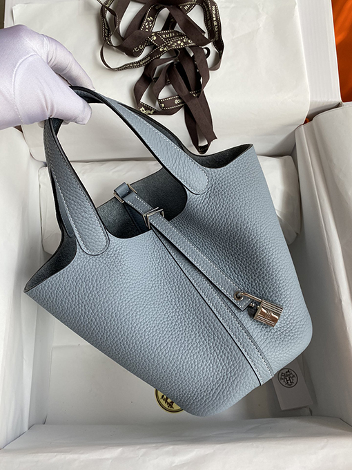 エルメス 輸入TCレザーリネンブルー18 cmハンドバッグ