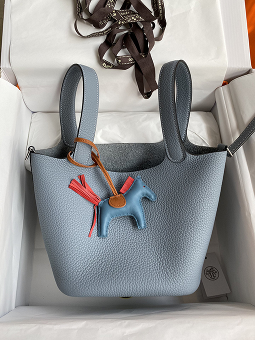 エルメス 輸入TCレザーリネンブルー18 cmハンドバッグ