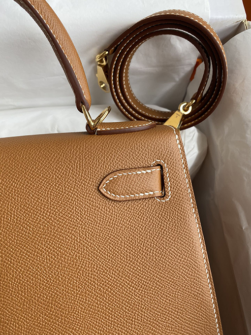 エルメス ケリー 28 フルハンドステッチ輸入エプソムレザー金茶色のケリー28 cmバッグ