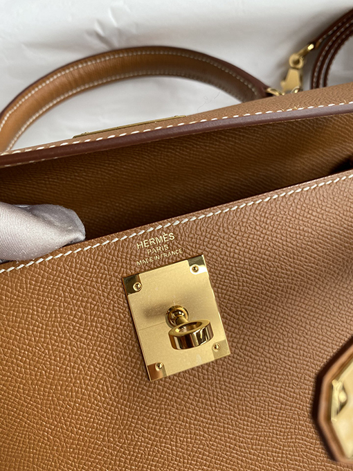 エルメス ケリー 28 フルハンドステッチ輸入エプソムレザー金茶色のケリー28 cmバッグ