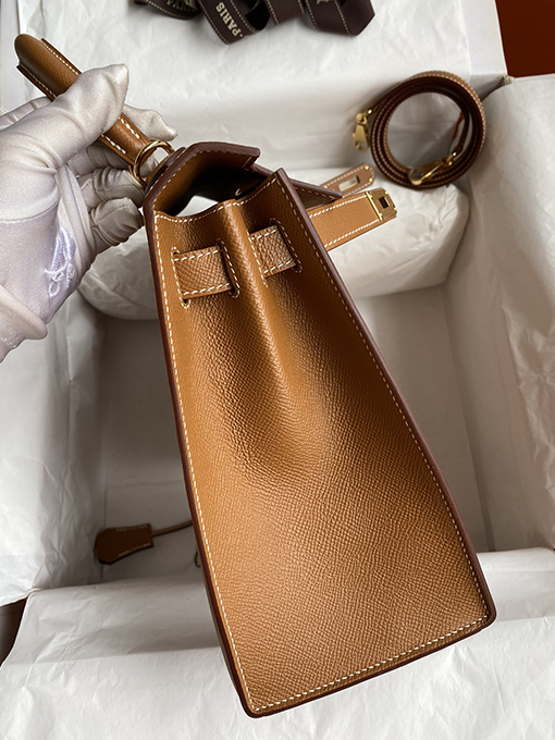 エルメス ケリー 28 フルハンドステッチ輸入エプソムレザー金茶色のケリー28 cmバッグ