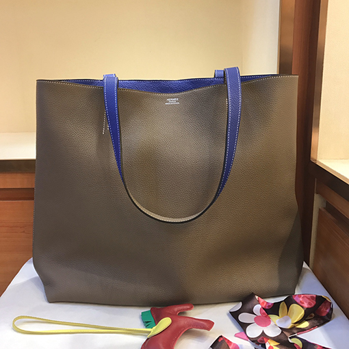 エルメス   エレクトロブルーエレファントグレー42 cm輸入トーゴ革手作りレジ袋