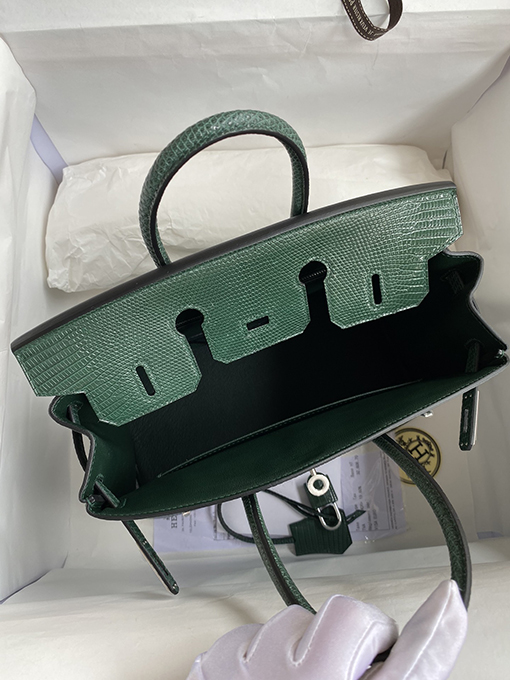 エルメス バーキン 25 トカゲ革孔雀緑銀バックルバッグ
