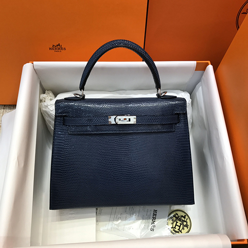 エルメスケリー25 cm輸入トカゲ革紺色シルバーバックルバッグ