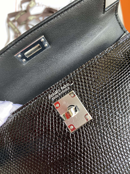 エルメスケリー19 トカゲ革ブラックシルバーバックルバッグ