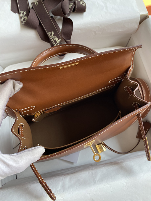 エルメス ケリー25 金茶ケリー25 cm手縫い革バッグ