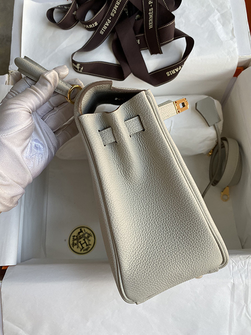 エルメス ケリー25   ゴールドバックルパールグレーTo goレザーバッグ