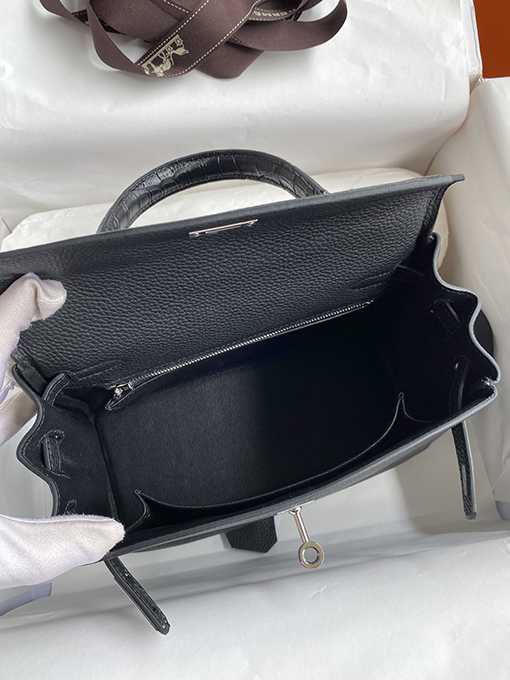 エルメスケリー25 黒いワニの手縫いバッグ高級本革使用 全て手縫い