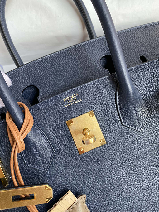 エルメスバーキン30 ブルーゴールドバックルバッグ高級本革使用 全て手縫い