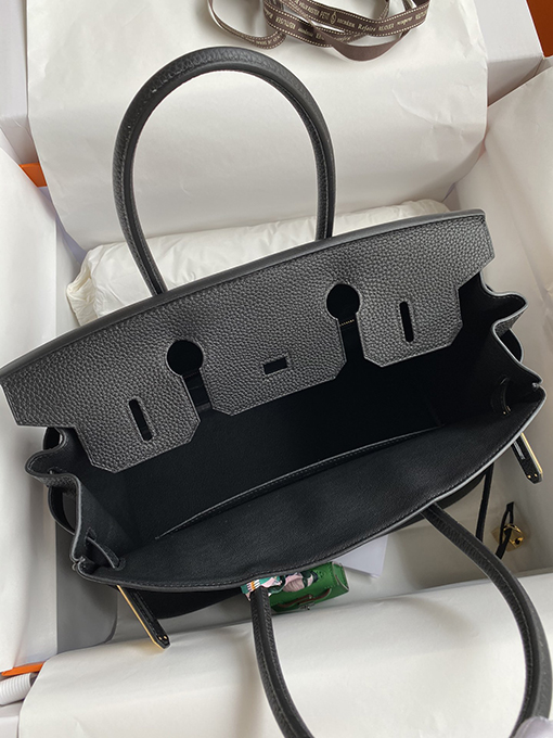 エルメスバーキン30  高品質のブラックゴールドバックルハンドバッグ高級本革使用 全て手縫い