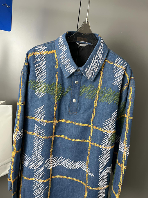 ディオール ブルー刺繍チェック柄ボタンネックコットン長袖シャツ
