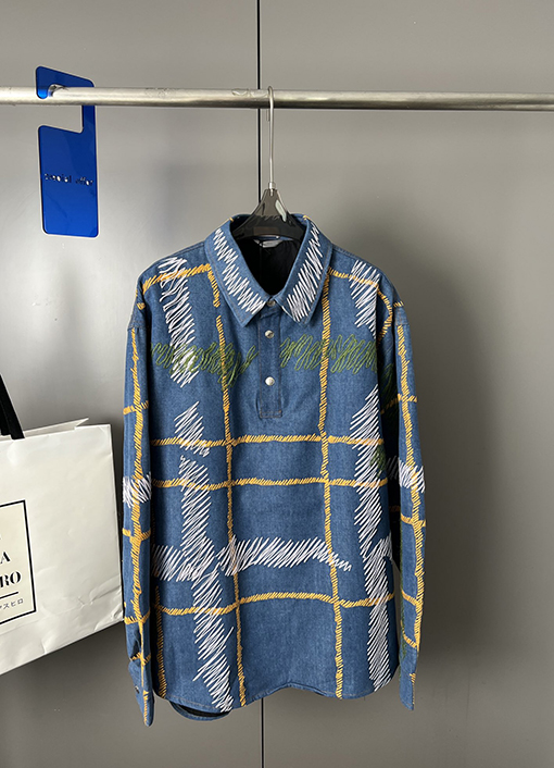 ディオール ブルー刺繍チェック柄ボタンネックコットン長袖シャツ