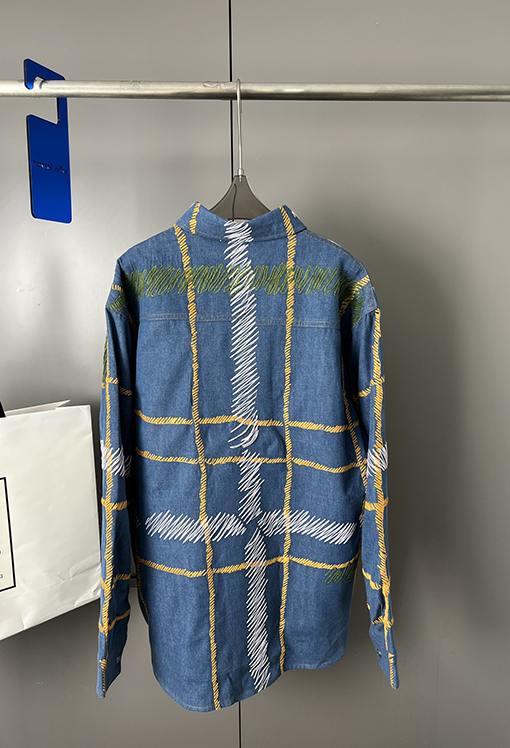 ディオール ブルー刺繍チェック柄ボタンネックコットン長袖シャツ